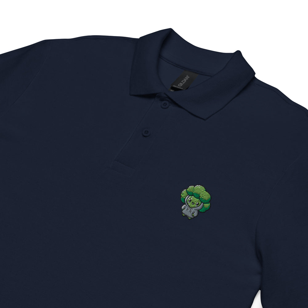 TheVeggieClub Heren Poloshirt van 100% Piqué Katoen met Geborduurd Broccoli B01 Logo – Navy close-up detail