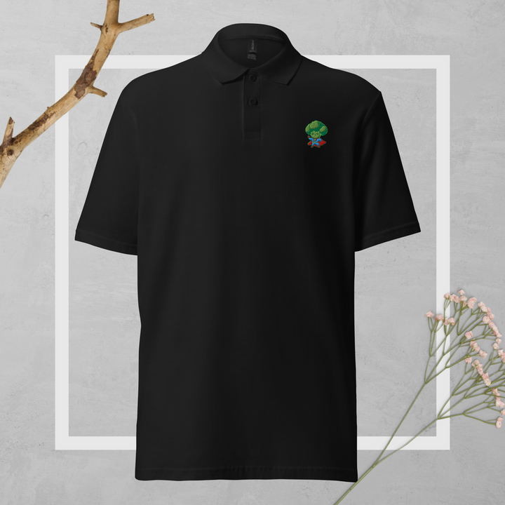 TheVeggieClub Duurzame Heren Fashion – Basic Piqué Poloshirt met geborduurd Broccoli logo B02 – Zwart voorkant