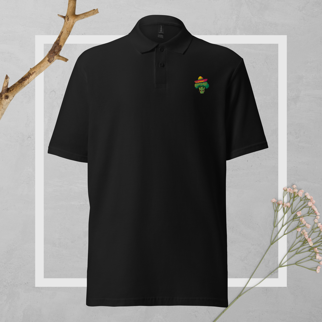 TheVeggieClub Duurzame Heren Fashion – Basic Piqué Poloshirt met geborduurd Broccoli logo B03 – Zwart voorkant