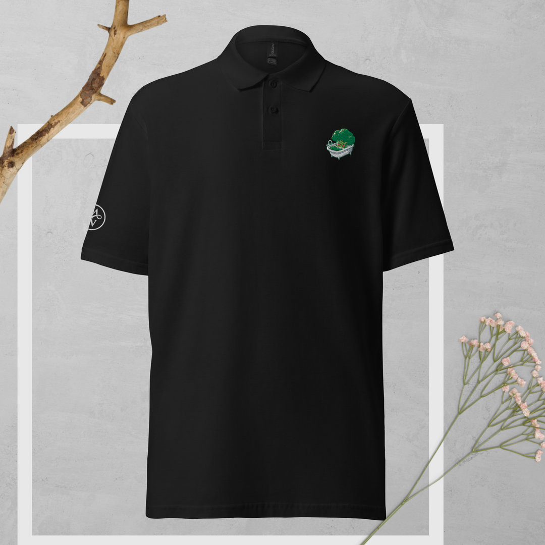 TheVeggieClub Duurzame Heren Fashion – Basic Piqué Poloshirt met geborduurd Broccoli logo B07 – Zwart voorkant