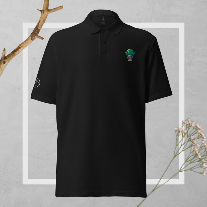 TheVeggieClub Duurzame Heren Fashion – Basic Piqué Poloshirt met geborduurd Broccoli logo B21 – Zwart voorkant