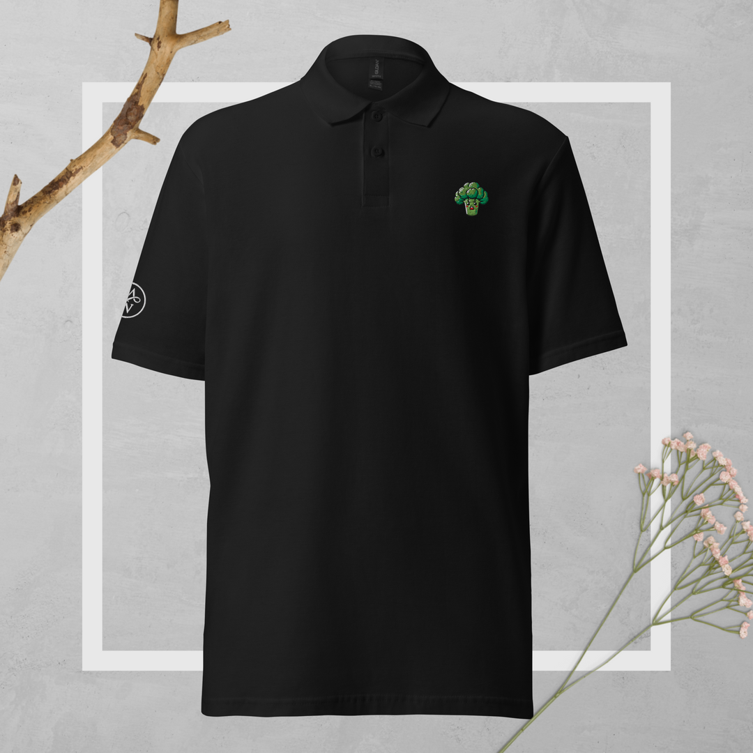 TheVeggieClub Duurzame Heren Fashion – Basic Piqué Poloshirt met geborduurd Broccoli logo B28 – Zwart voorkant
