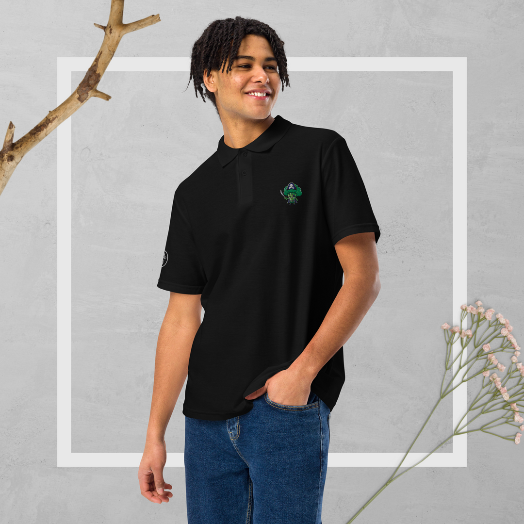 TheVeggieClub Duurzame Heren Fashion – Basic Piqué Poloshirt met geborduurd Broccoli logo B29 – Zwart voorkant met model