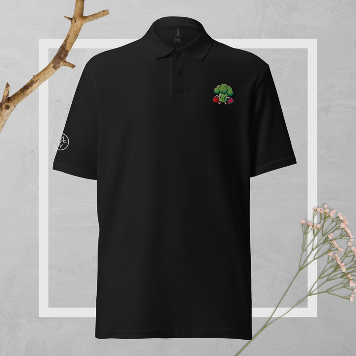 TheVeggieClub Duurzame Heren Fashion – Basic Piqué Poloshirt met geborduurd Broccoli logo B30 – Zwart voorkant