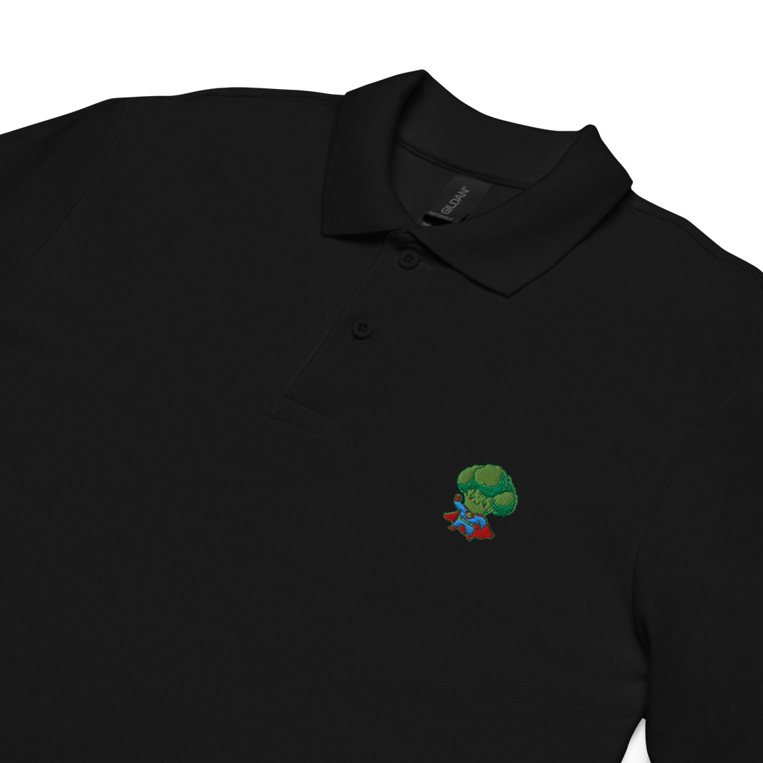 TheVeggieClub Heren Poloshirt van 100% Piqué Katoen met Geborduurd Broccoli B02 Logo – Zwart close-up detail