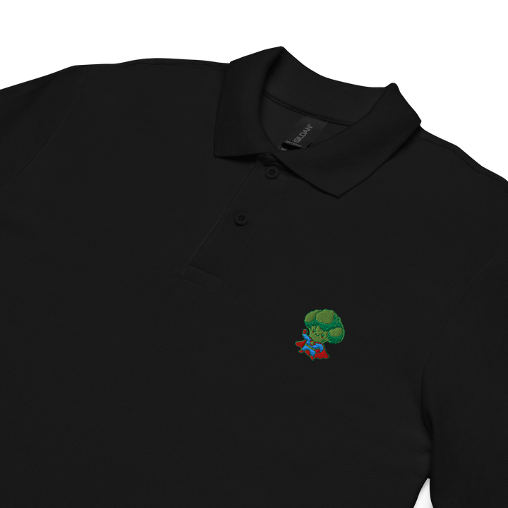 TheVeggieClub Heren Poloshirt van 100% Piqué Katoen met Geborduurd Broccoli B02 Logo – Zwart close-up detail