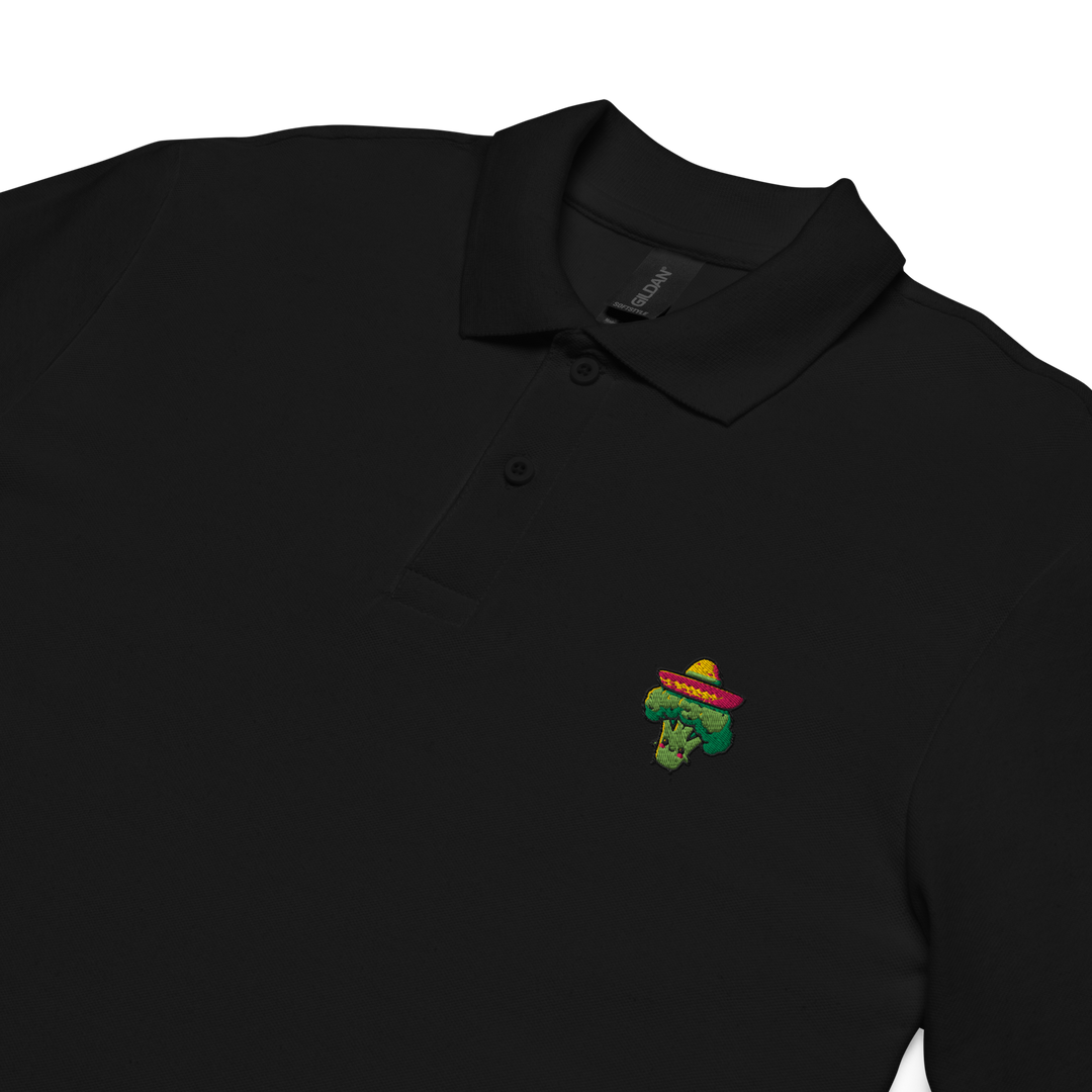 TheVeggieClub Heren Poloshirt van 100% Piqué Katoen met Geborduurd Broccoli B03 Logo – Zwart close-up detail