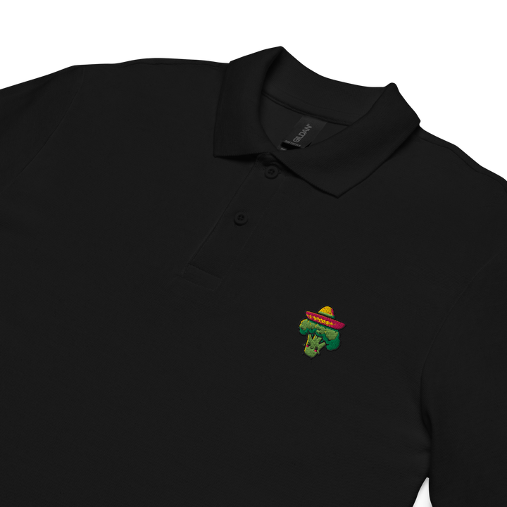 TheVeggieClub Heren Poloshirt van 100% Piqué Katoen met Geborduurd Broccoli B03 Logo – Zwart close-up detail