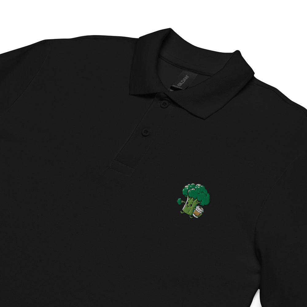 TheVeggieClub Heren Poloshirt van 100% Piqué Katoen met Geborduurd Broccoli B04 Logo – Zwart close-up detail