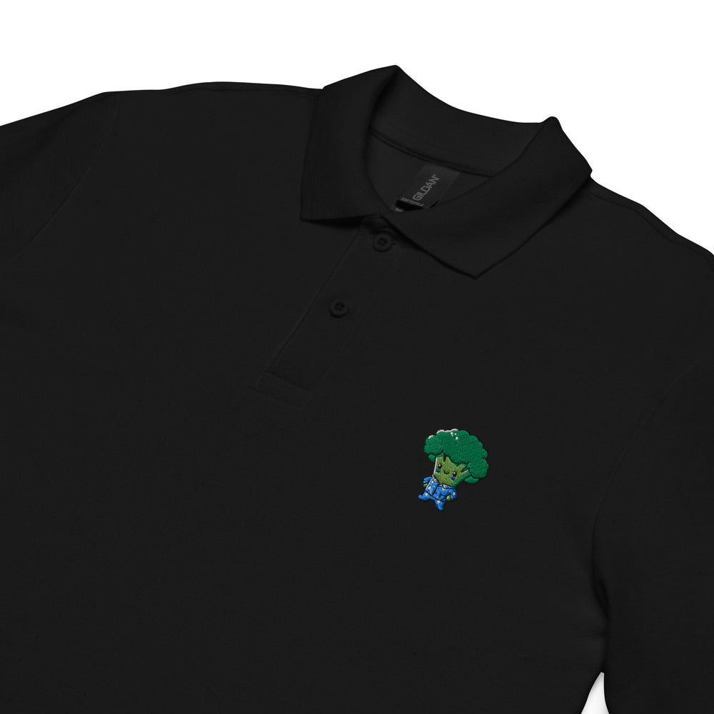 TheVeggieClub Heren Poloshirt van 100% Piqué Katoen met Geborduurd Broccoli B08 Logo – Zwart close-up detail