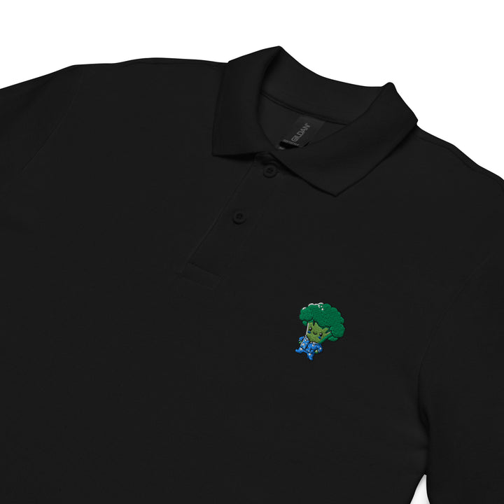 TheVeggieClub Heren Poloshirt van 100% Piqué Katoen met Geborduurd Broccoli B08 Logo – Zwart close-up detail