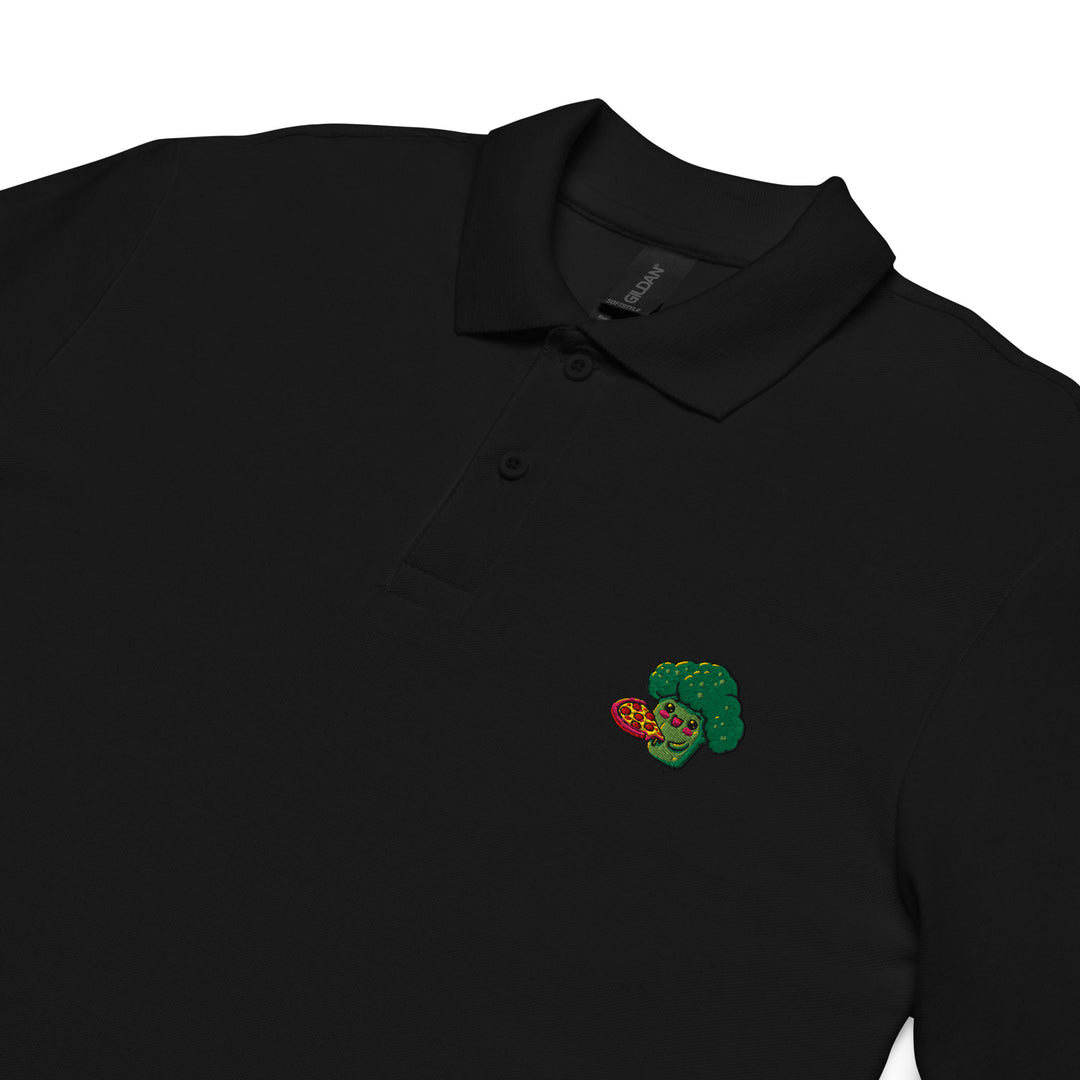 TheVeggieClub Heren Poloshirt van 100% Piqué Katoen met Geborduurd Broccoli B19 Logo – Zwart close-up detail