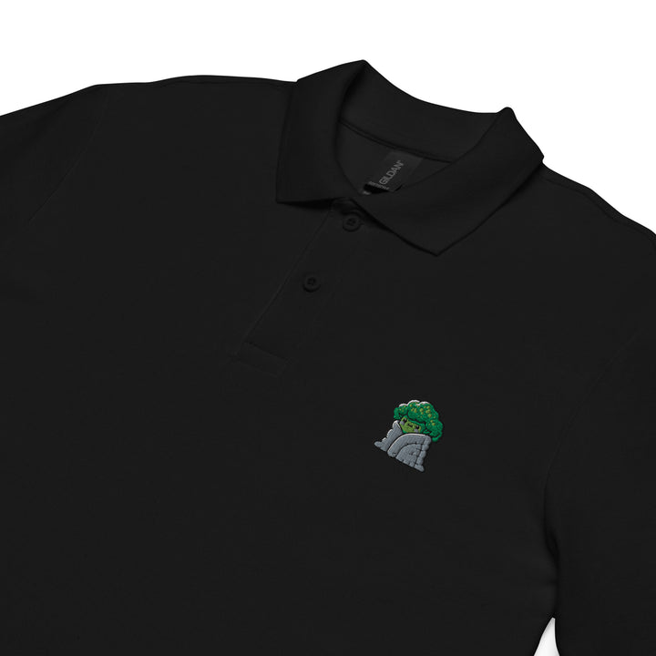 TheVeggieClub Heren Poloshirt van 100% Piqué Katoen met Geborduurd Broccoli B25 Logo – Zwart close-up detail