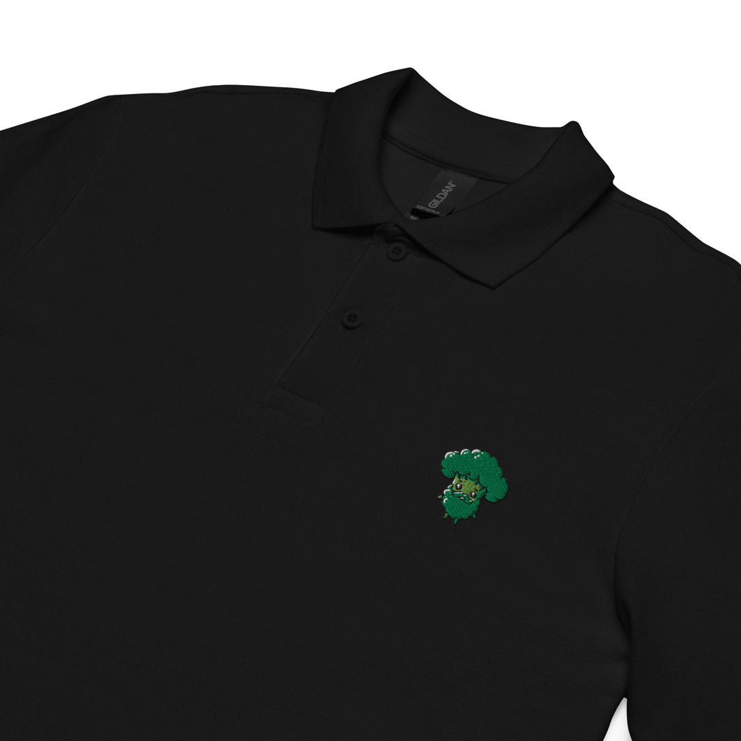 TheVeggieClub Heren Poloshirt van 100% Piqué Katoen met Geborduurd Broccoli B27 Logo – Zwart close-up detail
