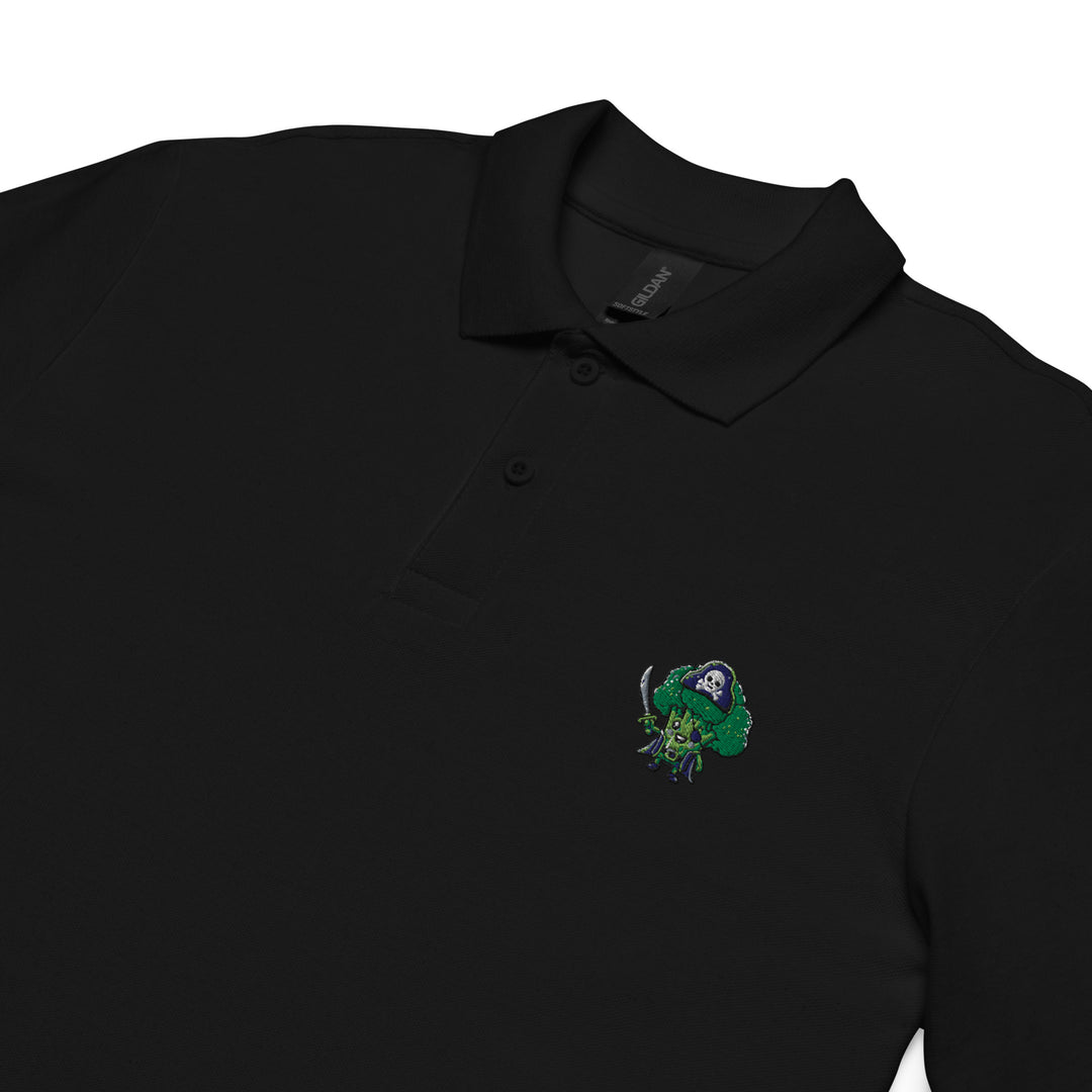 TheVeggieClub Heren Poloshirt van 100% Piqué Katoen met Geborduurd Broccoli B29 Logo – Zwart close-up detail
