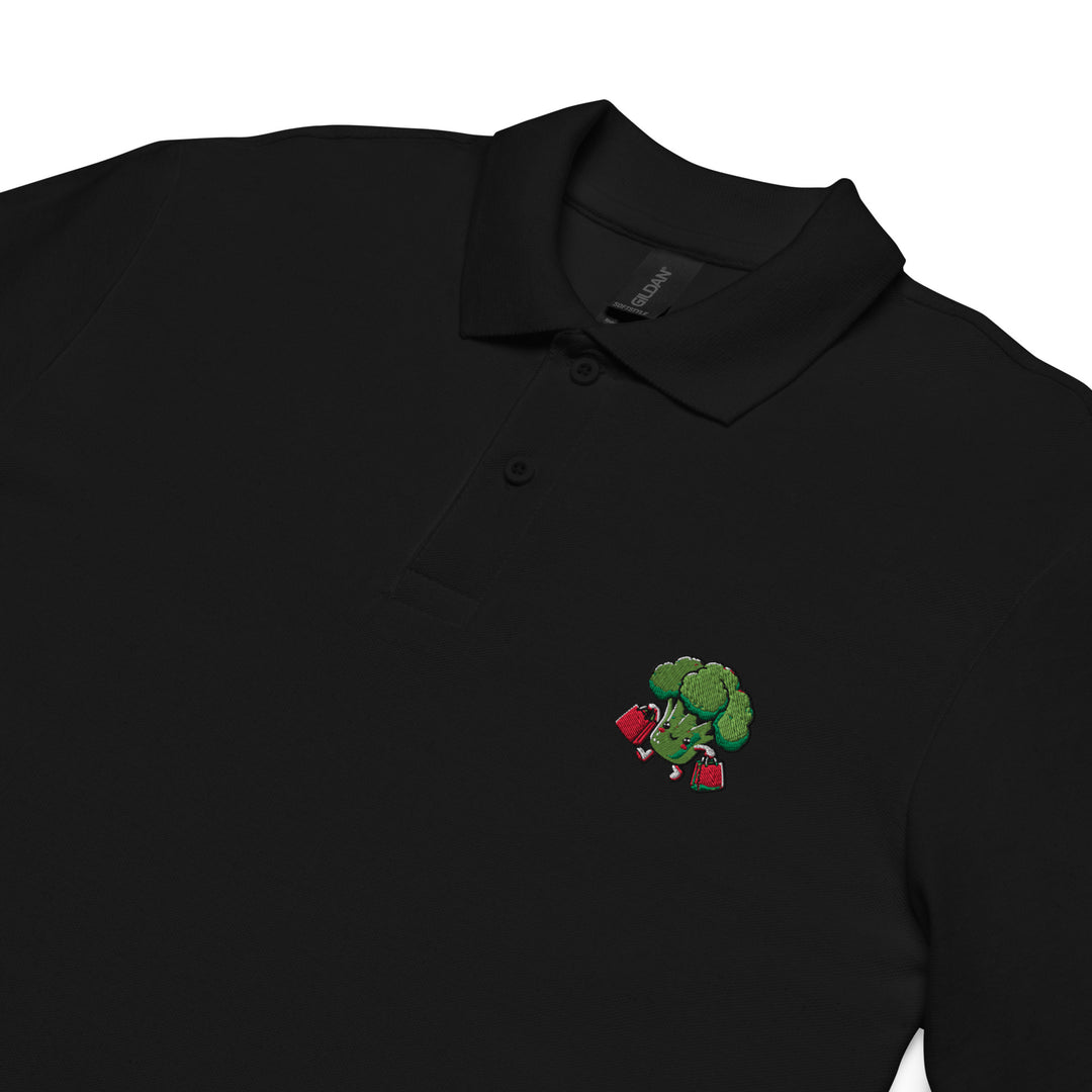 TheVeggieClub Heren Poloshirt van 100% Piqué Katoen met Geborduurd Broccoli B30 Logo – Zwart close-up detail