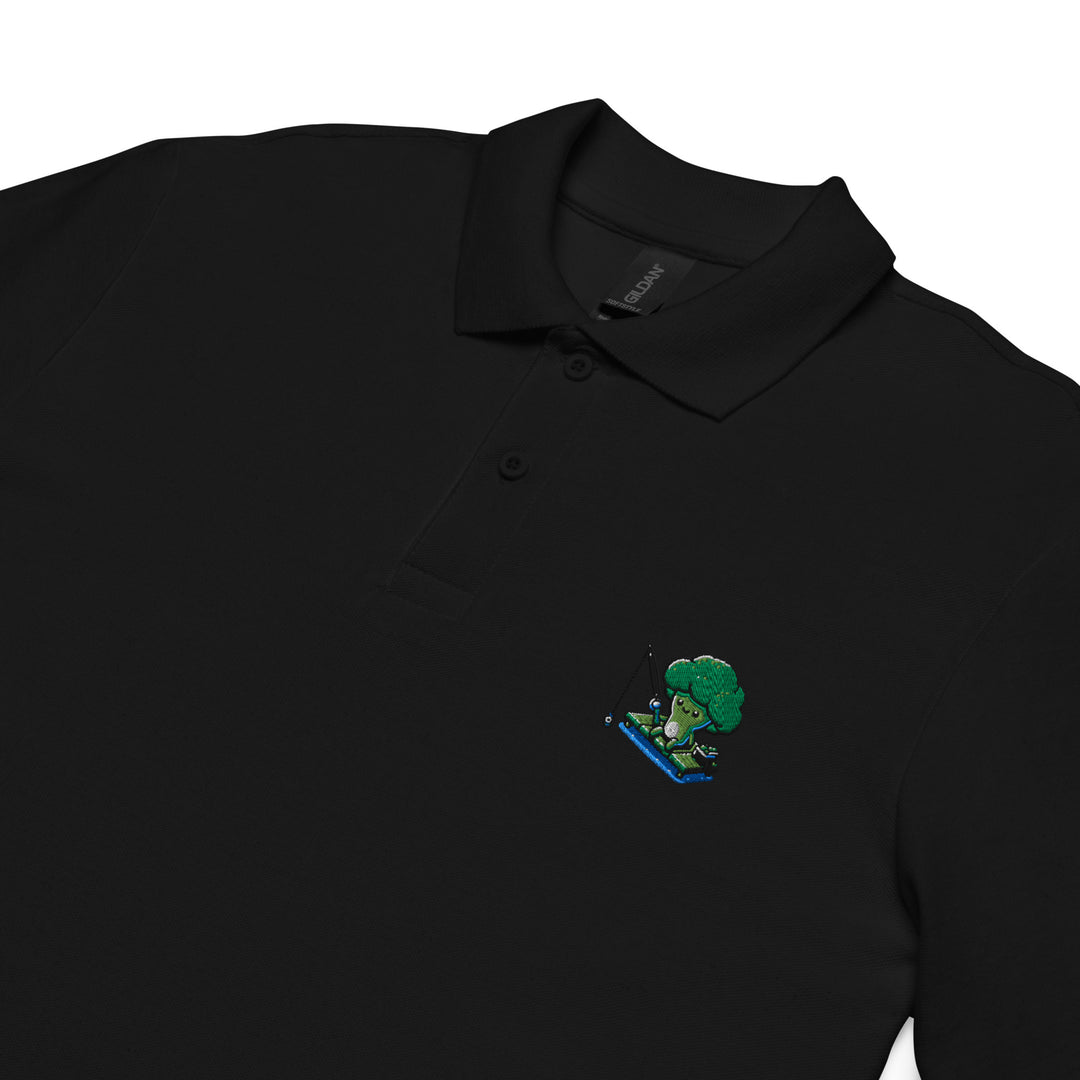 TheVeggieClub Heren Poloshirt van 100% Piqué Katoen met Geborduurd Broccoli B34 Logo – Zwart close-up detail
