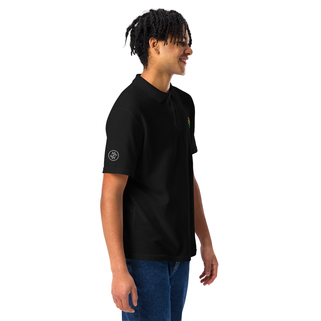 TheVeggieClub Duurzame Heren Fashion – Basic Piqué Poloshirt met geborduurd Broccoli logo B03 – Zwart zijkant met model