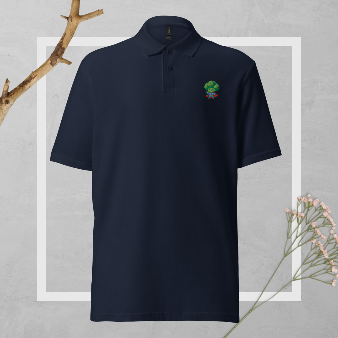 TheVeggieClub Duurzame Heren Fashion – Basic Piqué Poloshirt met geborduurd Broccoli logo B02 – Navy voorkant