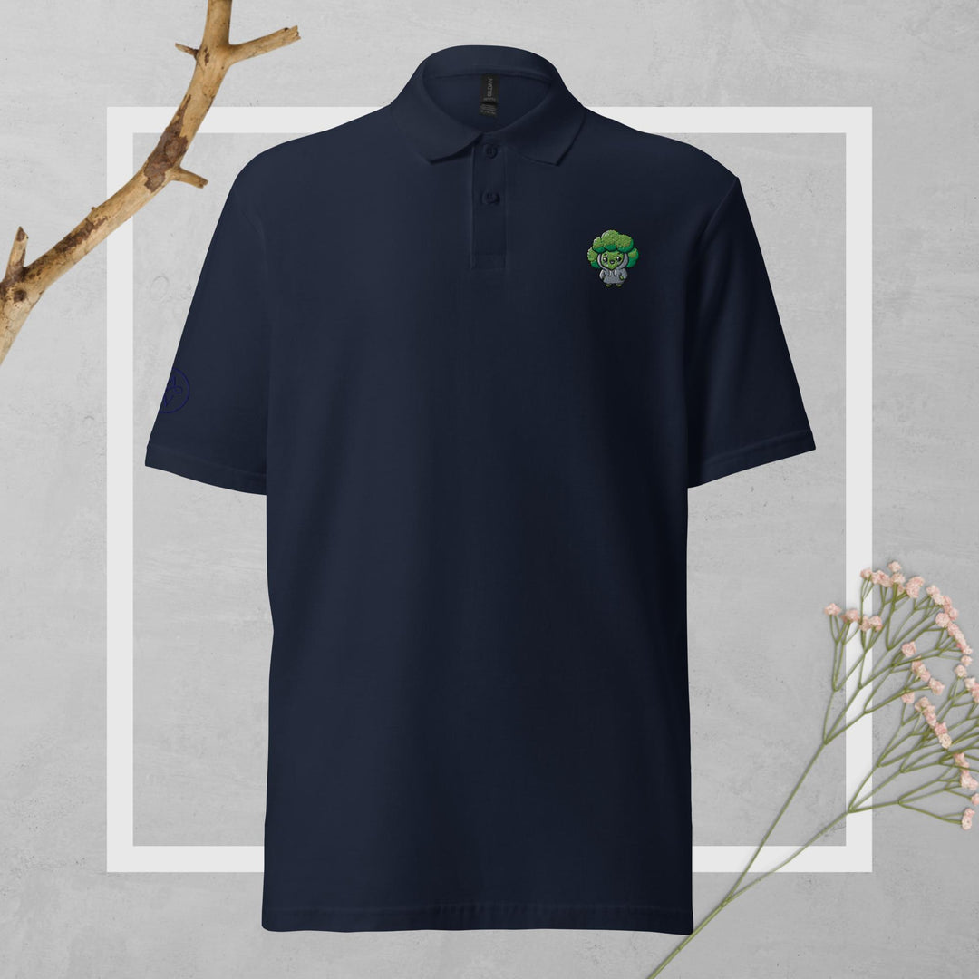 TheVeggieClub Duurzame Heren Fashion – Basic Piqué Poloshirt met geborduurd Broccoli logo B01 – Navy voorkant