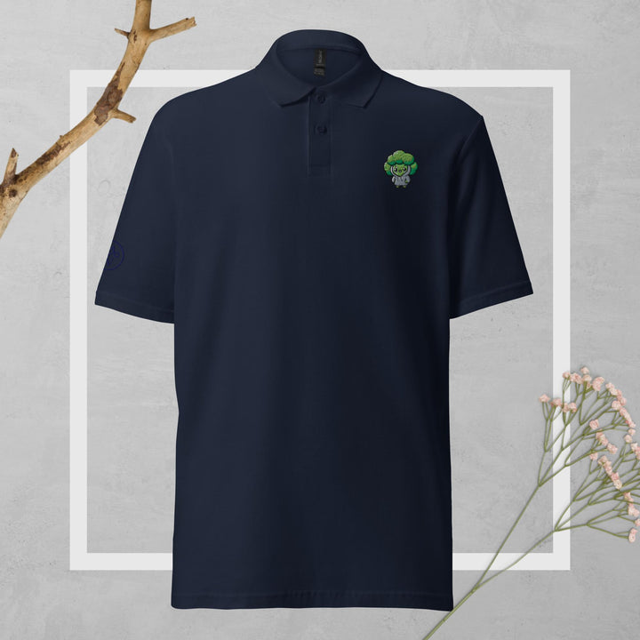TheVeggieClub Duurzame Heren Fashion – Basic Piqué Poloshirt met geborduurd Broccoli logo B01 – Navy voorkant