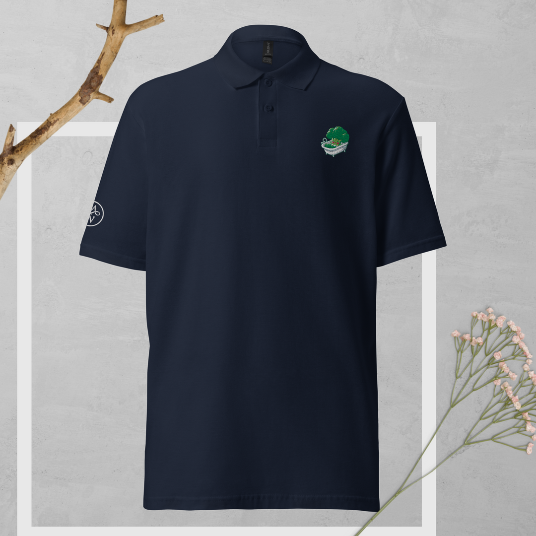 TheVeggieClub Duurzame Heren Fashion – Basic Piqué Poloshirt met geborduurd Broccoli logo B07 – Navy voorkant
