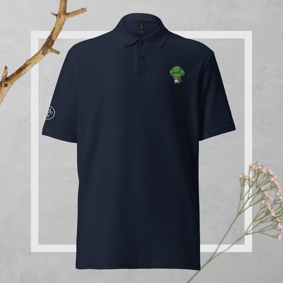 TheVeggieClub Duurzame Heren Fashion – Basic Piqué Poloshirt met geborduurd Broccoli logo B12 – Navy voorkant