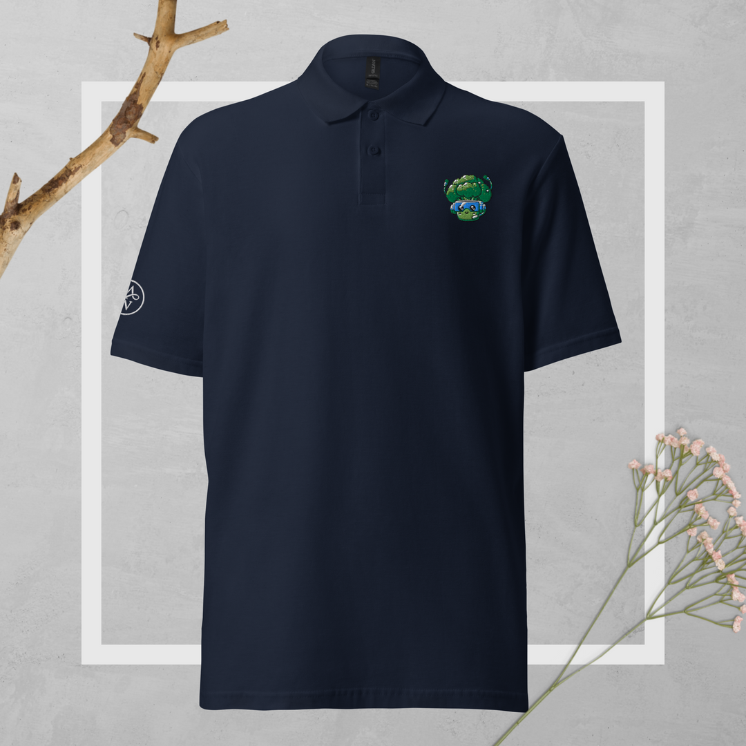 TheVeggieClub Duurzame Heren Fashion – Basic Piqué Poloshirt met geborduurd Broccoli logo B13 – Navy voorkant