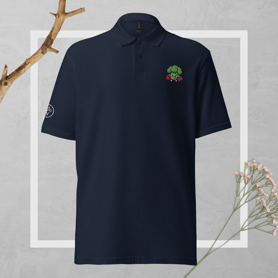 TheVeggieClub Duurzame Heren Fashion – Basic Piqué Poloshirt met geborduurd Broccoli logo B30 – Navy voorkant