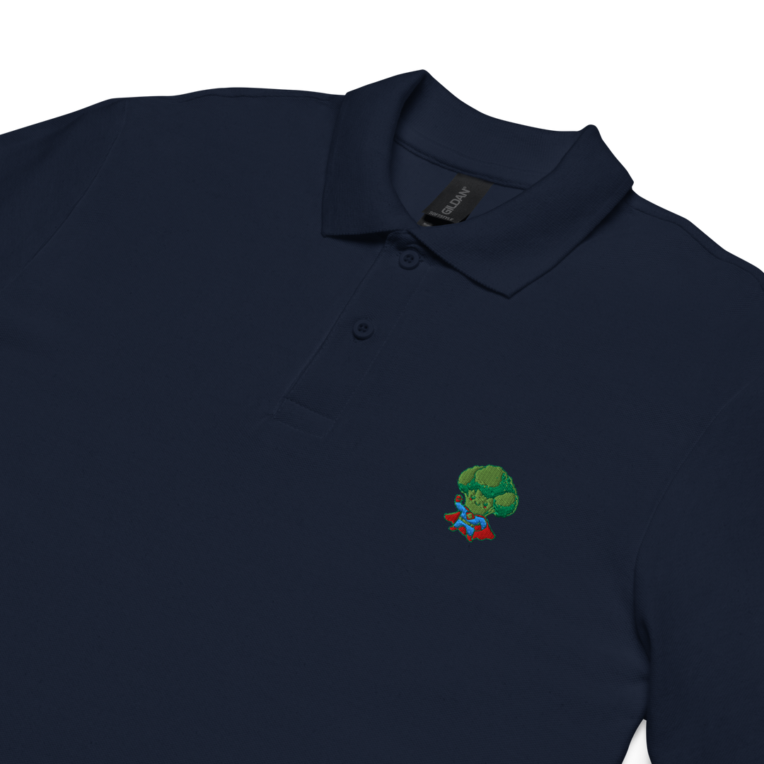 TheVeggieClub Heren Poloshirt van 100% Piqué Katoen met Geborduurd Broccoli B02 Logo – Navy close-up detail