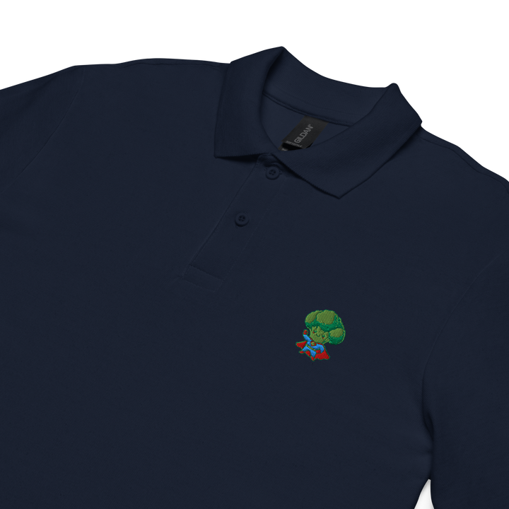 TheVeggieClub Heren Poloshirt van 100% Piqué Katoen met Geborduurd Broccoli B02 Logo – Navy close-up detail