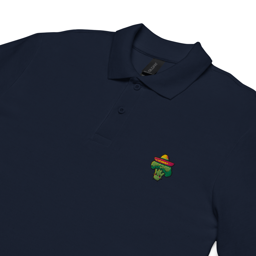 TheVeggieClub Heren Poloshirt van 100% Piqué Katoen met Geborduurd Broccoli B03 Logo – Navy close-up detail