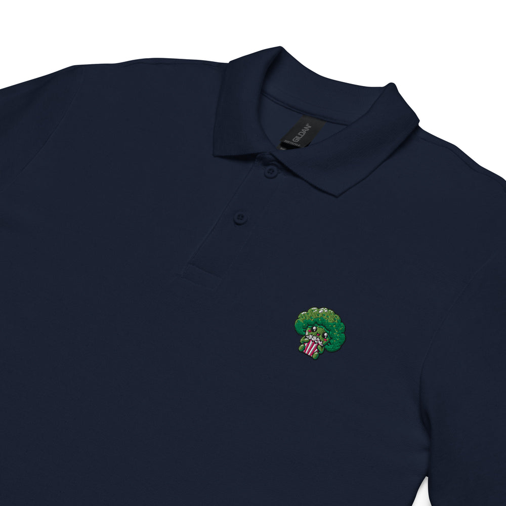 TheVeggieClub Heren Poloshirt van 100% Piqué Katoen met Geborduurd Broccoli B09 Logo – Navy close-up detail