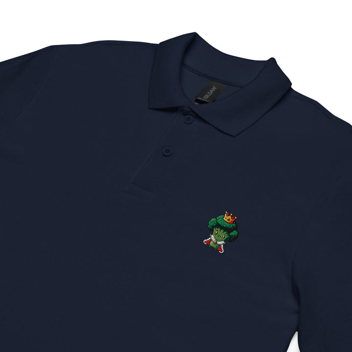 TheVeggieClub Heren Poloshirt van 100% Piqué Katoen met Geborduurd Broccoli B11 Logo – Navy close-up detail