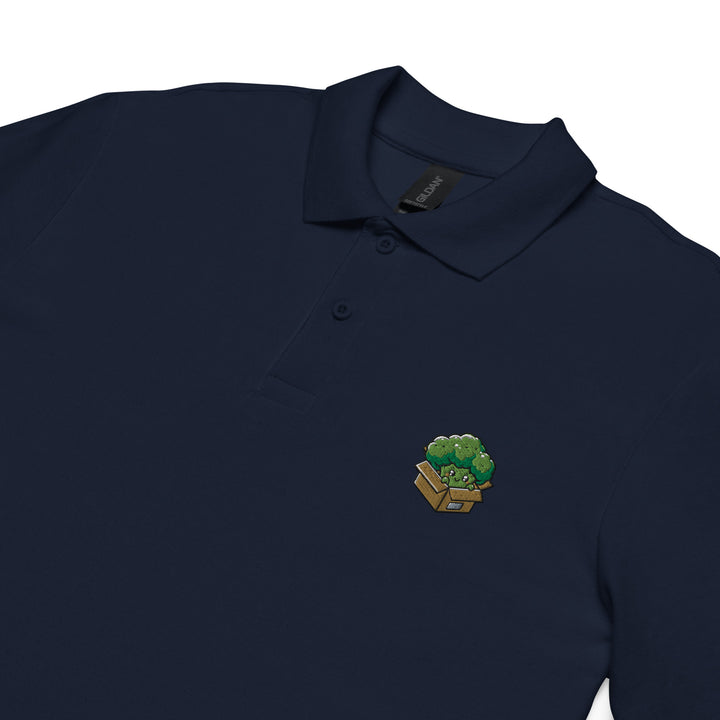 TheVeggieClub Heren Poloshirt van 100% Piqué Katoen met Geborduurd Broccoli B24 Logo – Navy close-up detail