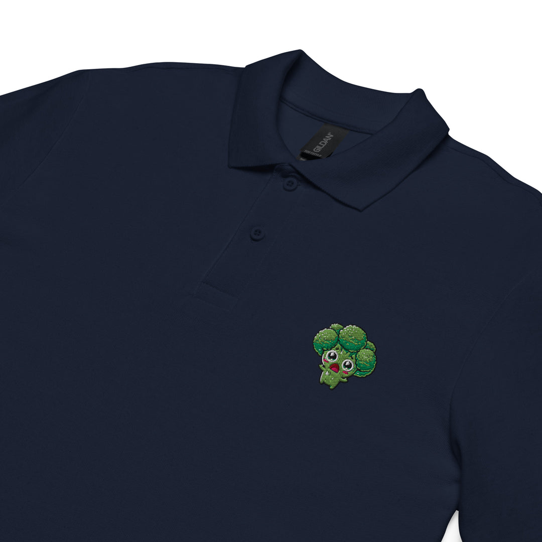 TheVeggieClub Heren Poloshirt van 100% Piqué Katoen met Geborduurd Broccoli B31 Logo – Navy close-up detail