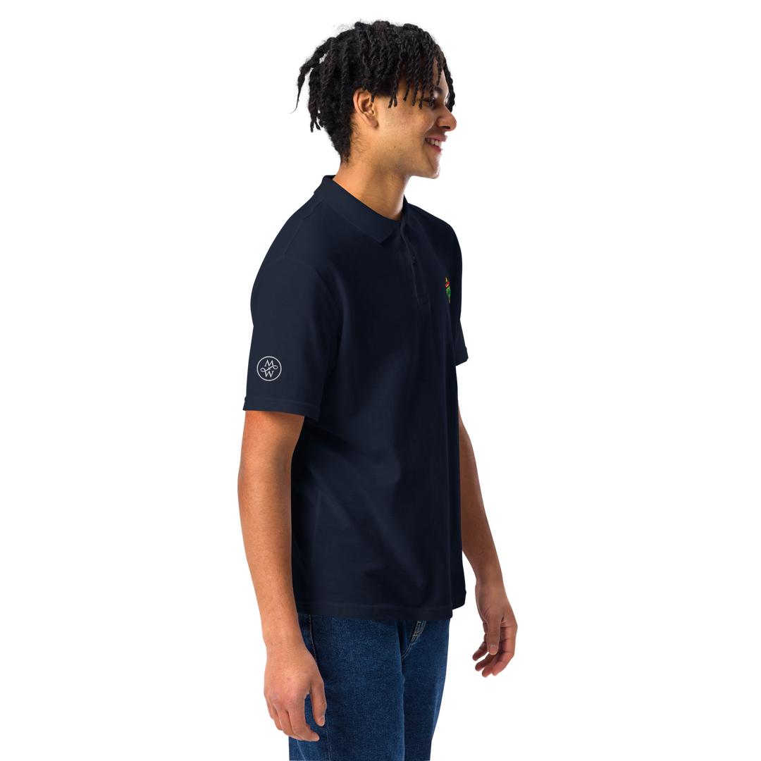 TheVeggieClub Duurzame Heren Fashion – Basic Piqué Poloshirt met geborduurd Broccoli logo B03 – Navy zijkant met model