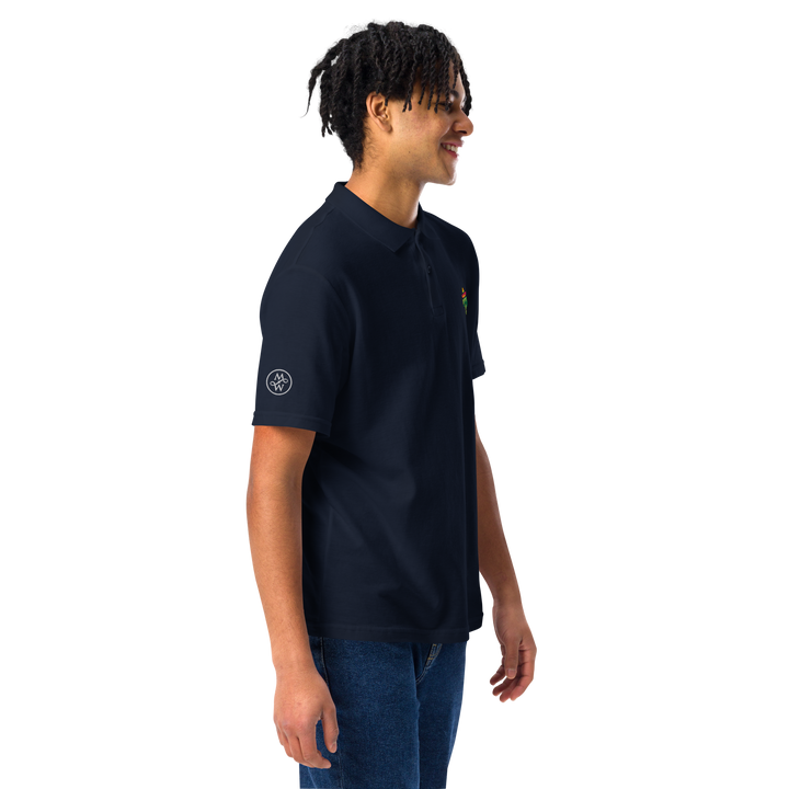 TheVeggieClub Duurzame Heren Fashion – Basic Piqué Poloshirt met geborduurd Broccoli logo B03 – Navy zijkant met model