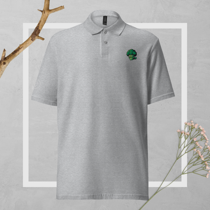 TheVeggieClub Duurzame Heren Fashion – Basic Piqué Poloshirt met geborduurd Broccoli logo B06 – Sport Grijs voorkant