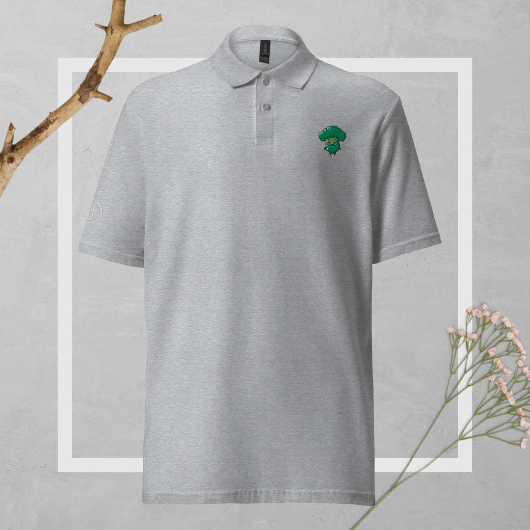 TheVeggieClub Duurzame Heren Fashion – Basic Piqué Poloshirt met geborduurd Broccoli logo B27 – Sport Grijs voorkant