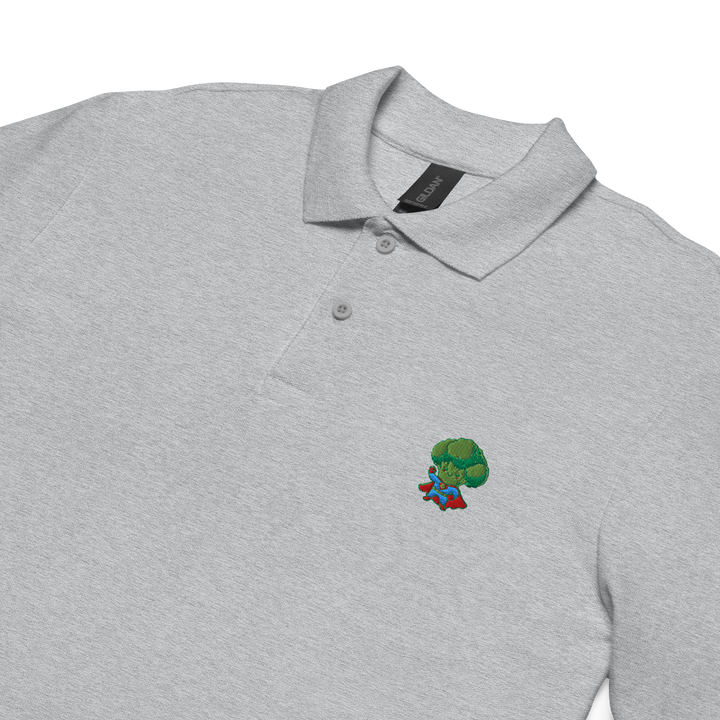 TheVeggieClub Heren Poloshirt van 100% Piqué Katoen met Geborduurd Broccoli B02 Logo – Sport Grijs Close-up detail
