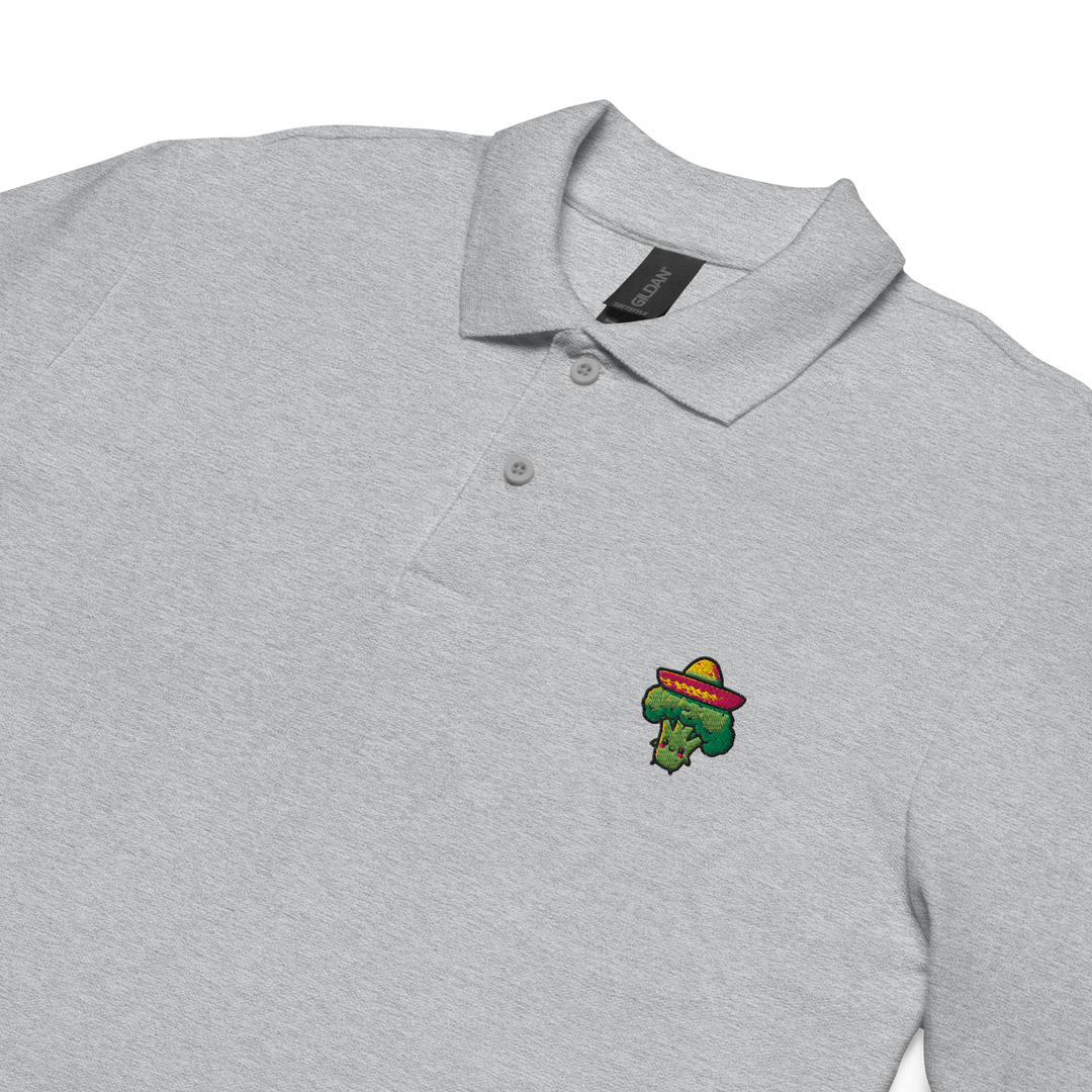 TheVeggieClub Heren Poloshirt van 100% Piqué Katoen met Geborduurd Broccoli B03 Logo – Sport Grijs Close-up detail
