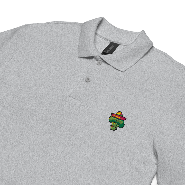 TheVeggieClub Heren Poloshirt van 100% Piqué Katoen met Geborduurd Broccoli B03 Logo – Sport Grijs Close-up detail