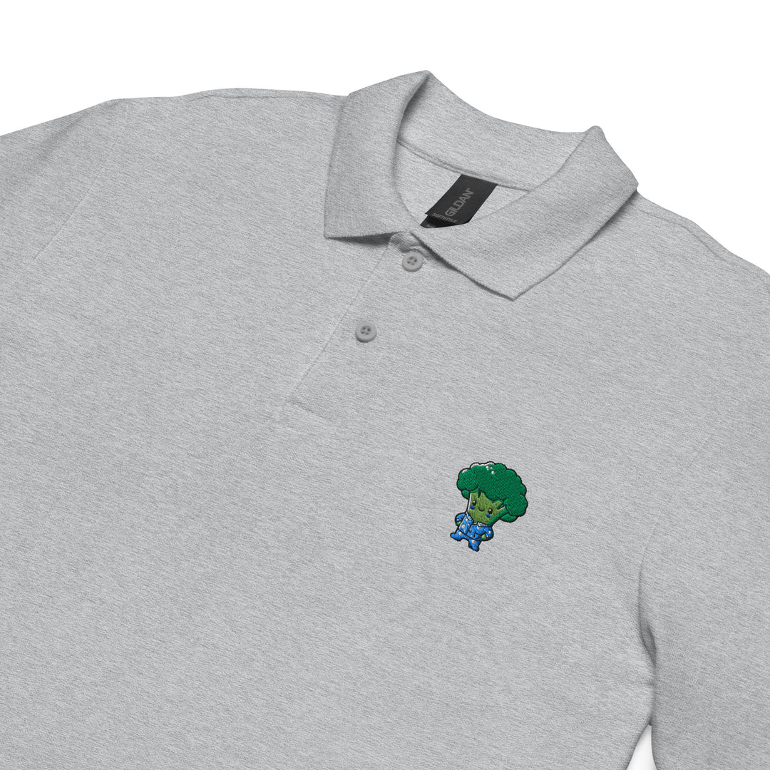 TheVeggieClub Heren Poloshirt van 100% Piqué Katoen met Geborduurd Broccoli B08 Logo – Sport Grijs Close-up detail