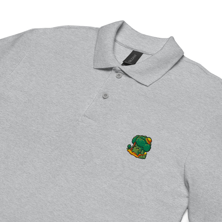 TheVeggieClub Heren Poloshirt van 100% Piqué Katoen met Geborduurd Broccoli B10 Logo – Sport Grijs Close-up detail