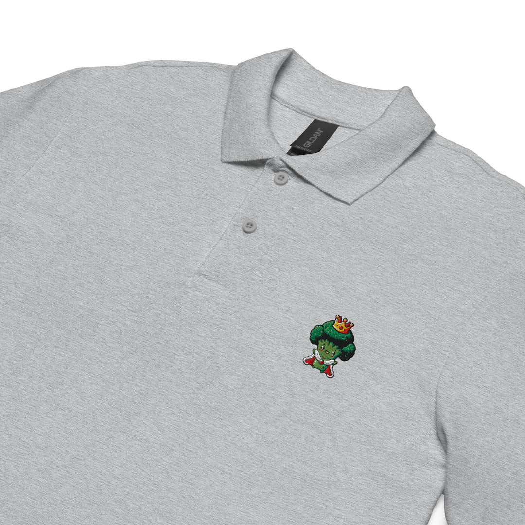 TheVeggieClub Heren Poloshirt van 100% Piqué Katoen met Geborduurd Broccoli B11 Logo – Sport Grijs Close-up detail