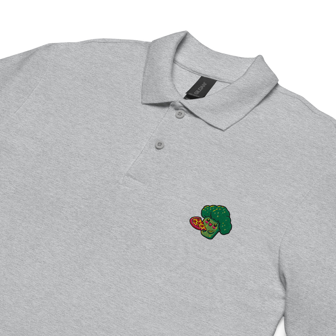 TheVeggieClub Heren Poloshirt van 100% Piqué Katoen met Geborduurd Broccoli B19 Logo – Sport Grijs Close-up detail