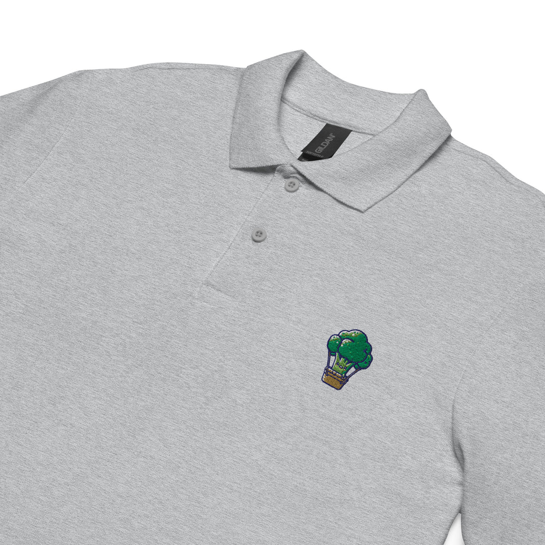TheVeggieClub Heren Poloshirt van 100% Piqué Katoen met Geborduurd Broccoli B21 Logo – Sport Grijs Close-up detail