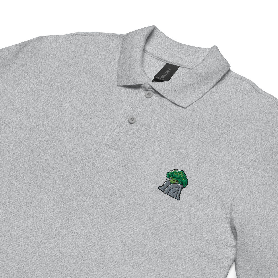 TheVeggieClub Heren Poloshirt van 100% Piqué Katoen met Geborduurd Broccoli B25 Logo – Sport Grijs Close-up detail