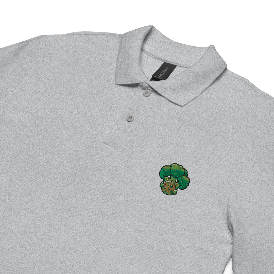 TheVeggieClub Heren Poloshirt van 100% Piqué Katoen met Geborduurd Broccoli B26 Logo – Sport Grijs Close-up detail